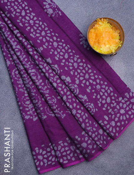 Muslin cotton saree purple and grey with allover batik prints and printed border