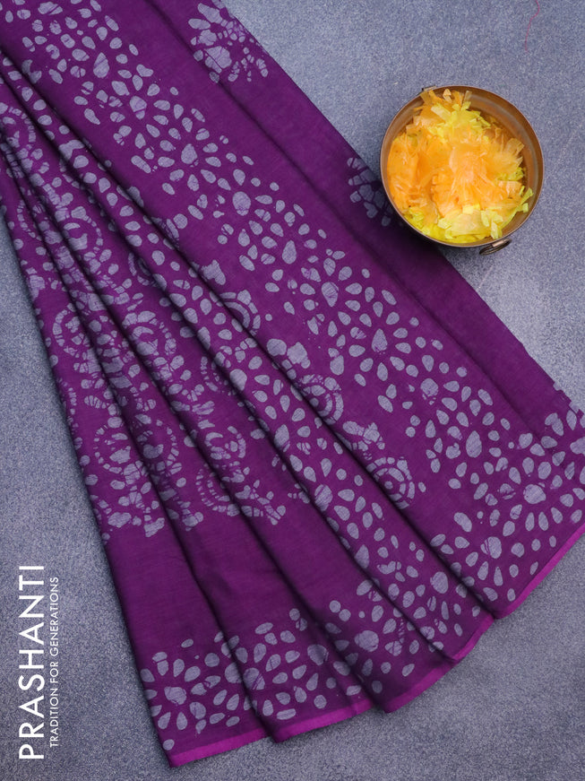 Muslin cotton saree purple and grey with allover batik prints and printed border