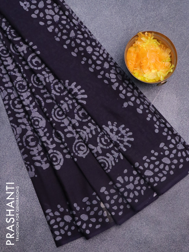 Muslin cotton saree dark blue and grey with allover batik prints and printed border