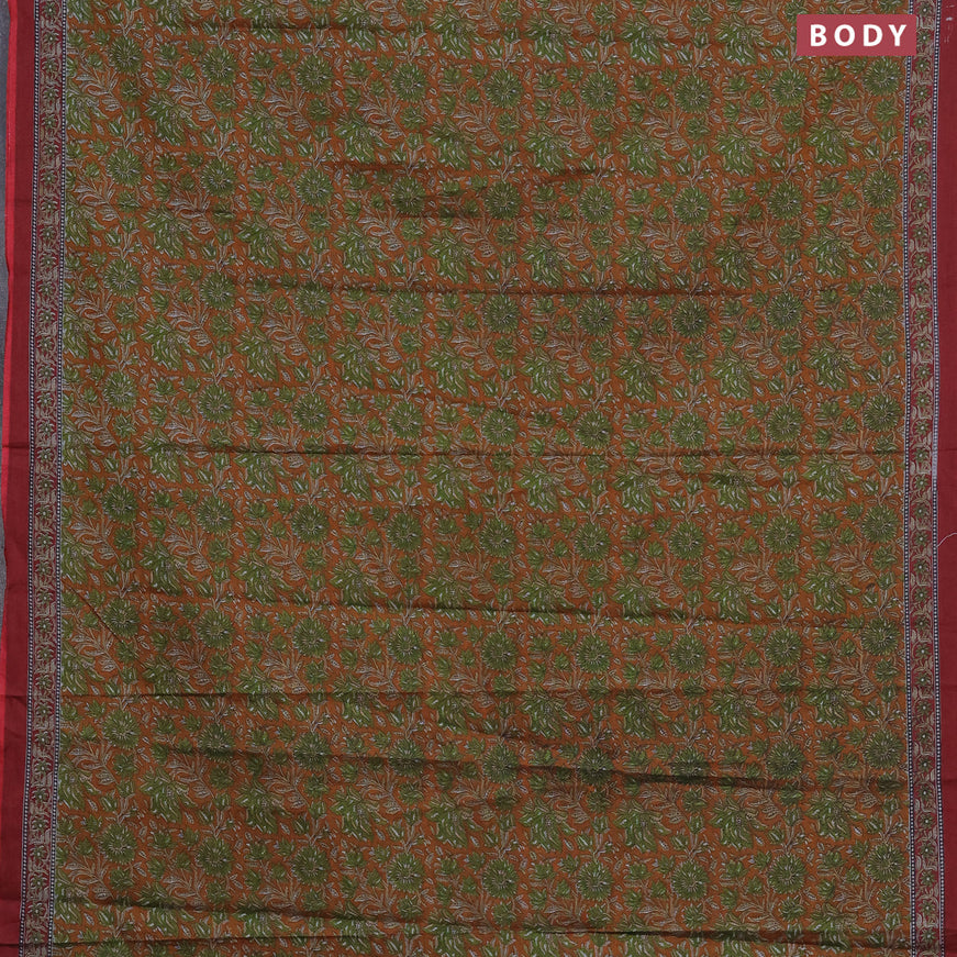 Muslin cotton saree dark mustard and maroon with allover floral prints and printed border