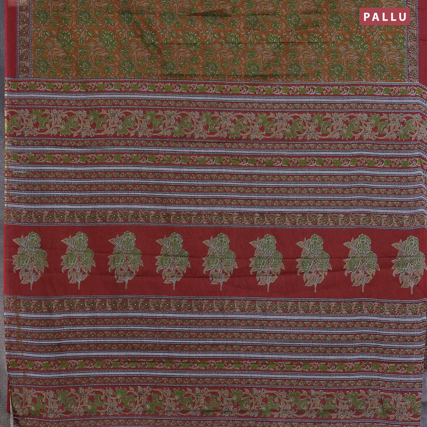 Muslin cotton saree dark mustard and maroon with allover floral prints and printed border