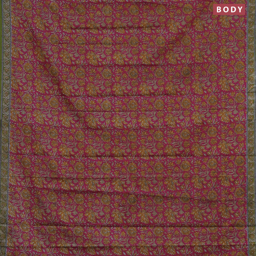 Muslin cotton saree magenta pink and sap green with allover floral prints and printed border