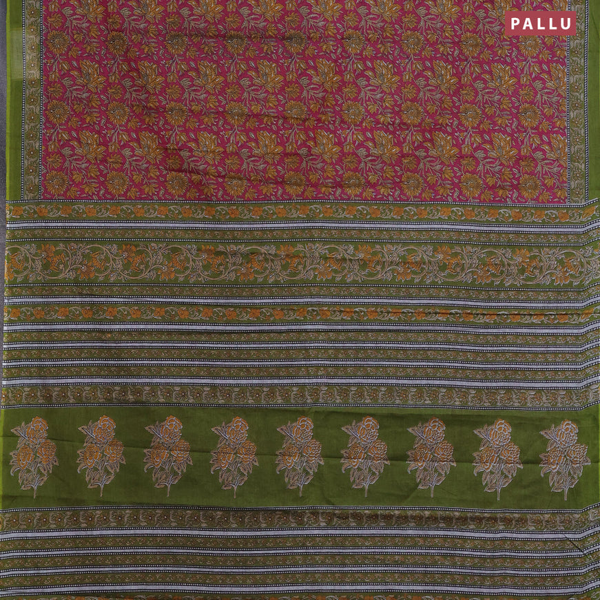 Muslin cotton saree magenta pink and sap green with allover floral prints and printed border