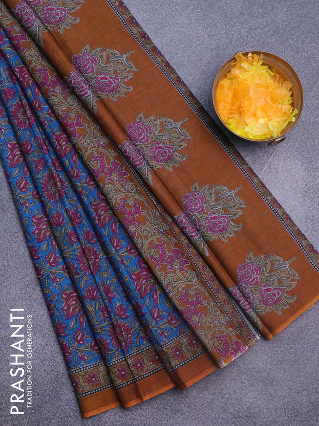 Muslin cotton saree cs blue and dark mustard with allover floral prints and printed border