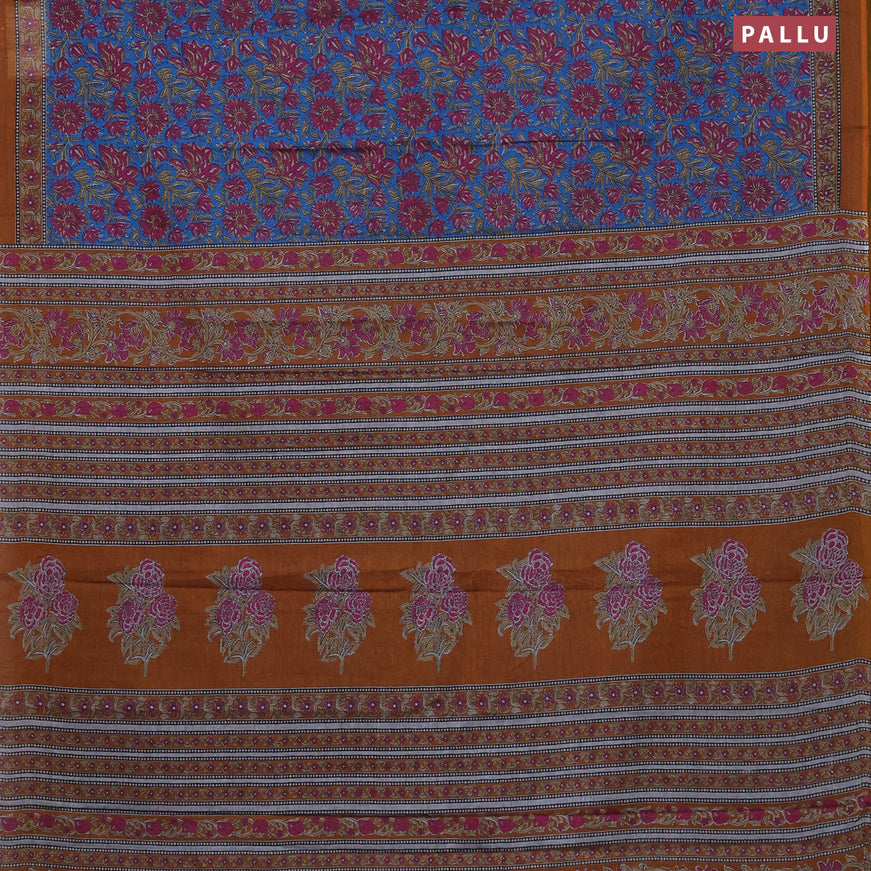 Muslin cotton saree cs blue and dark mustard with allover floral prints and printed border