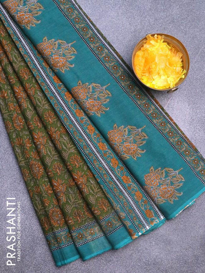 Muslin cotton saree sap green and teal green with allover floral prints and printed border