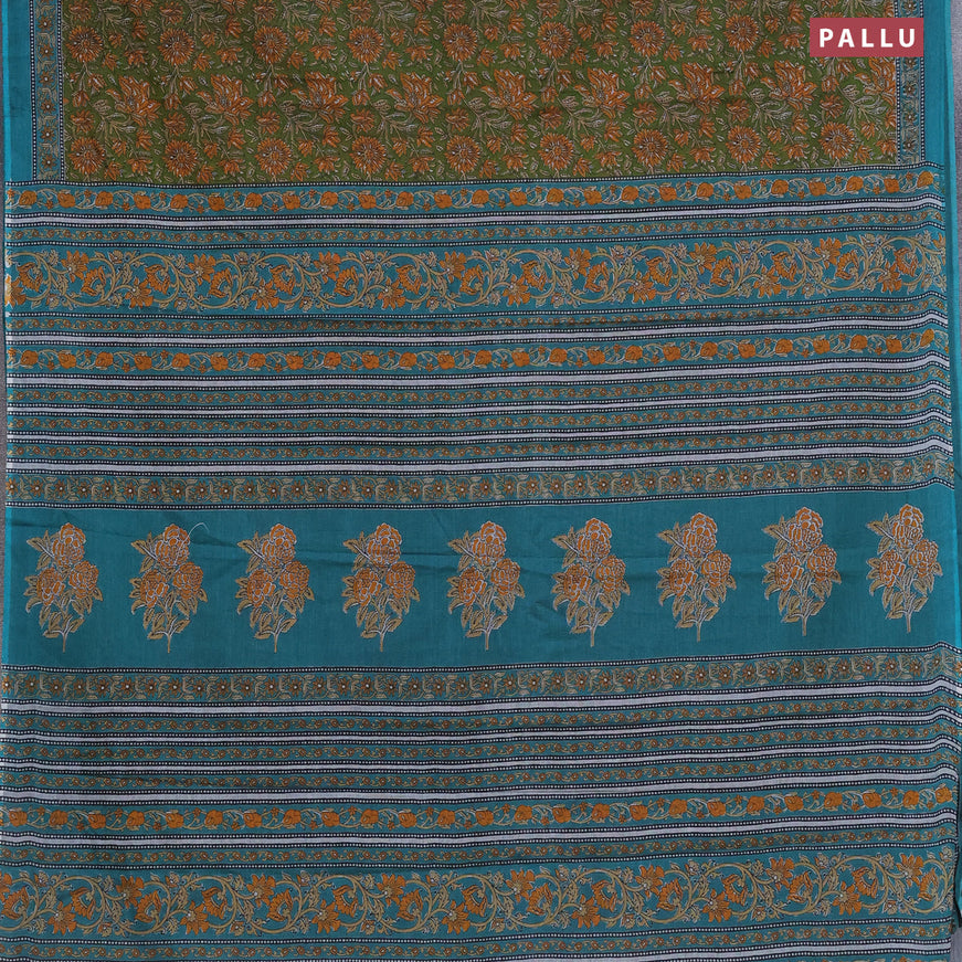 Muslin cotton saree sap green and teal green with allover floral prints and printed border