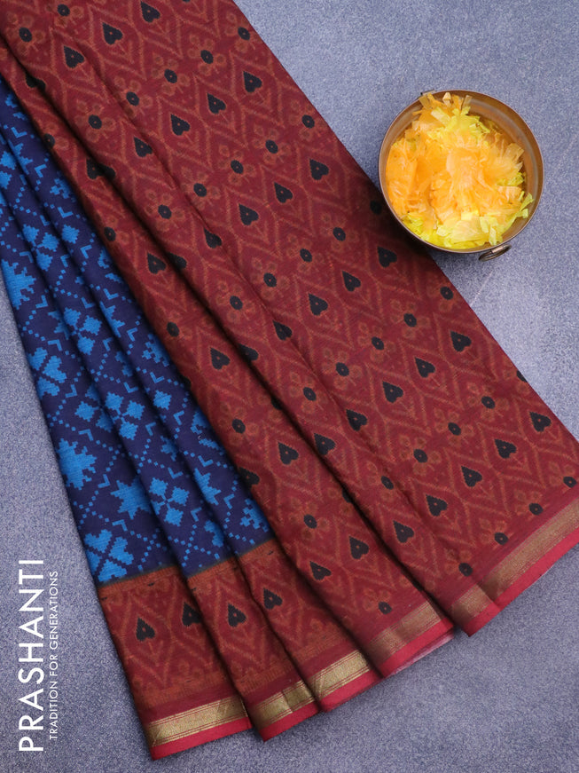 Muslin cotton saree navy blue and cs blue maroon with allover ikkat prints and small zari woven border