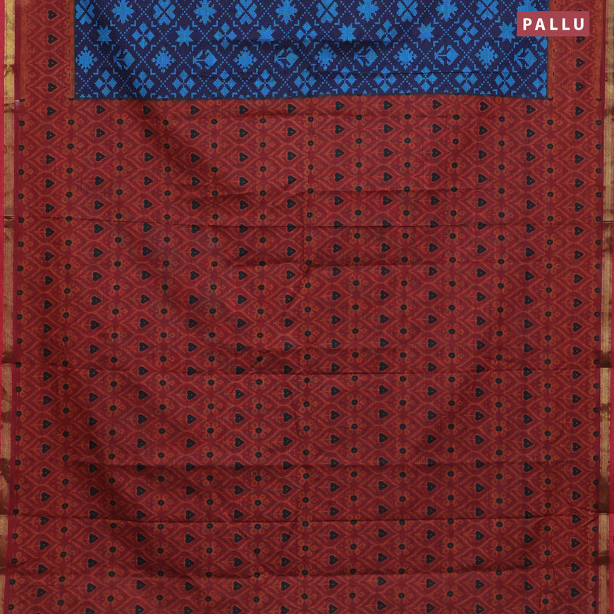 Muslin cotton saree navy blue and cs blue maroon with allover ikkat prints and small zari woven border