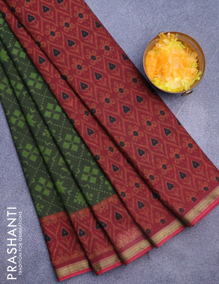 Muslin cotton saree sap green and maroon with allover ikkat prints and small zari woven border