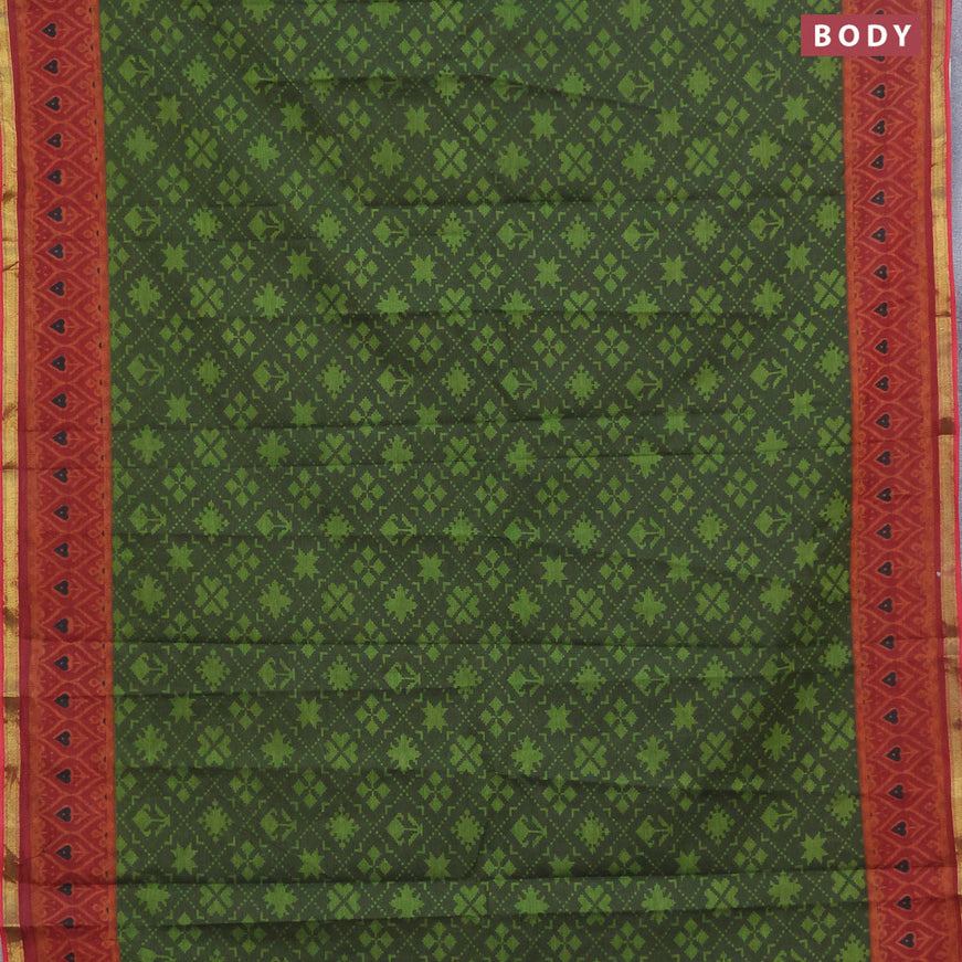 Muslin cotton saree sap green and maroon with allover ikkat prints and small zari woven border