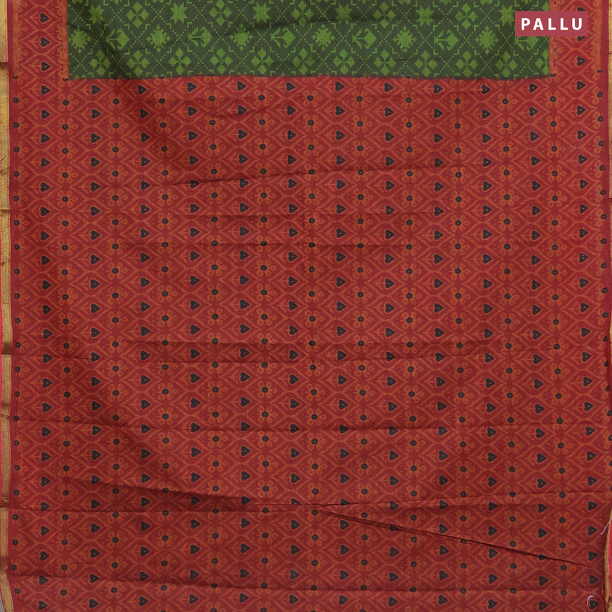 Muslin cotton saree sap green and maroon with allover ikkat prints and small zari woven border