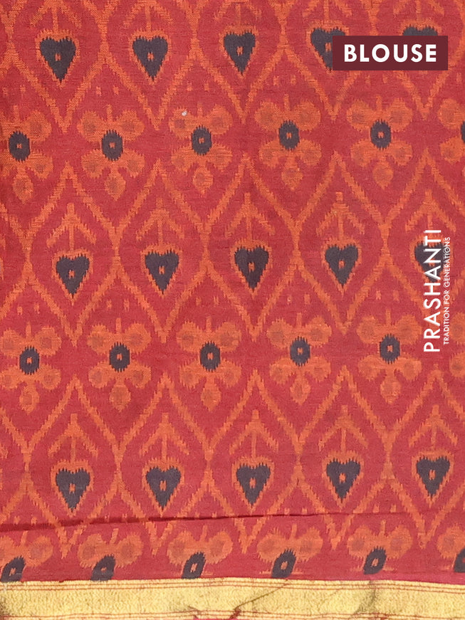 Muslin cotton saree sap green and maroon with allover ikkat prints and small zari woven border