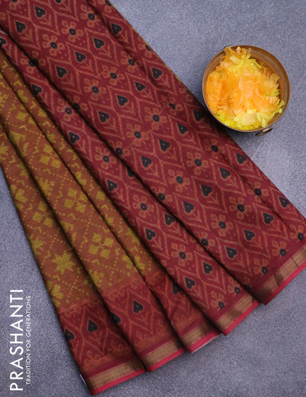 Muslin cotton saree rust shade and maroon with allover ikkat prints and small zari woven border