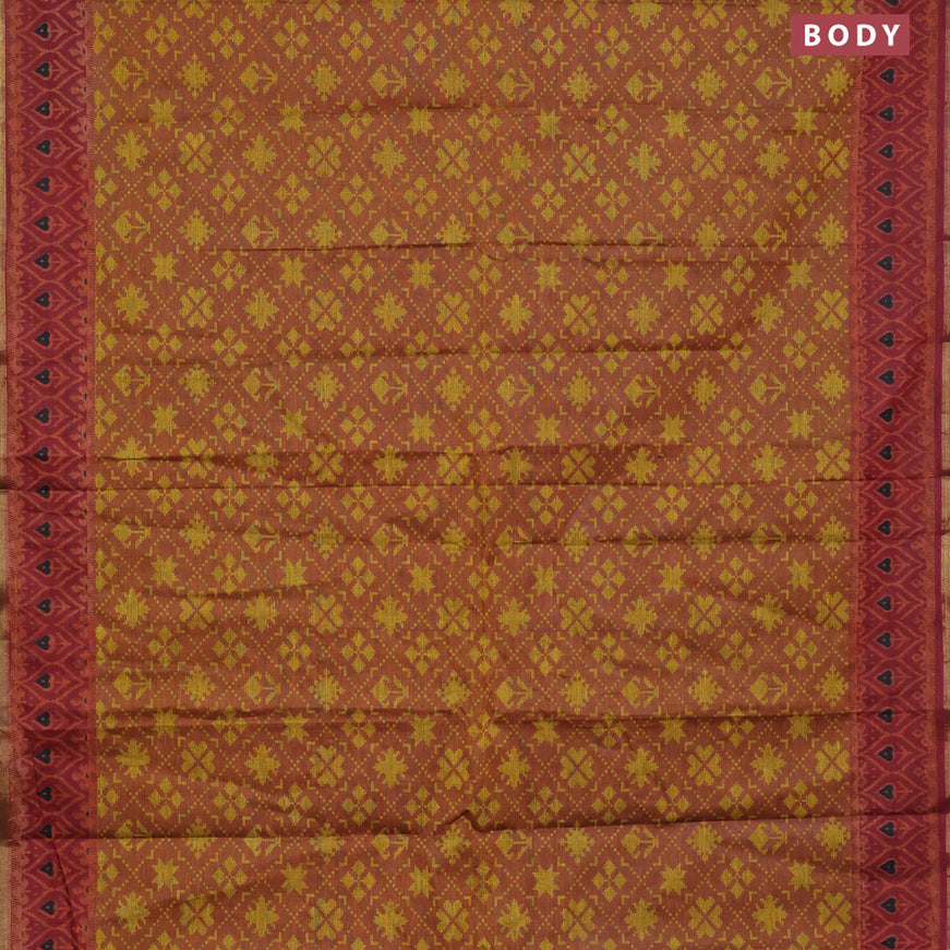 Muslin cotton saree rust shade and maroon with allover ikkat prints and small zari woven border