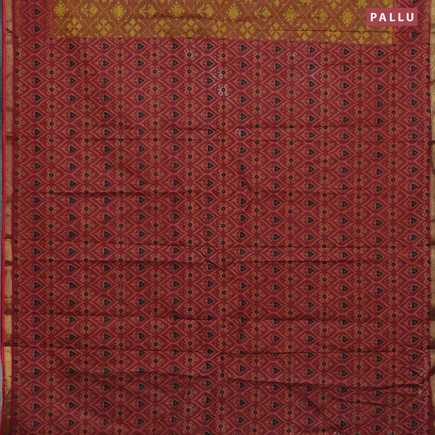 Muslin cotton saree rust shade and maroon with allover ikkat prints and small zari woven border