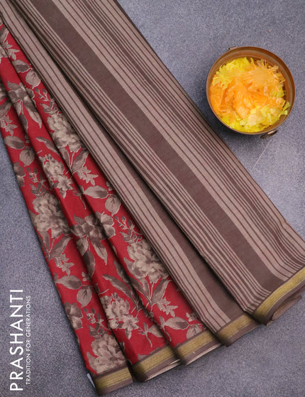 Muslin cotton saree maroon and beige with allover floral prints and small zari woven border