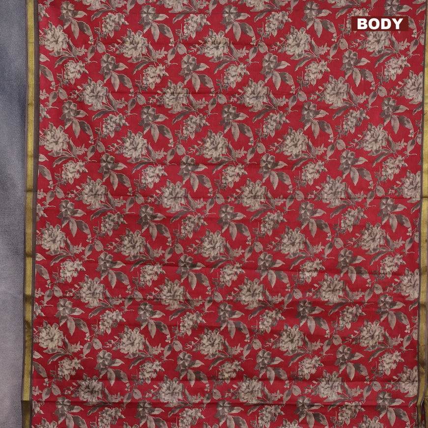 Muslin cotton saree maroon and beige with allover floral prints and small zari woven border