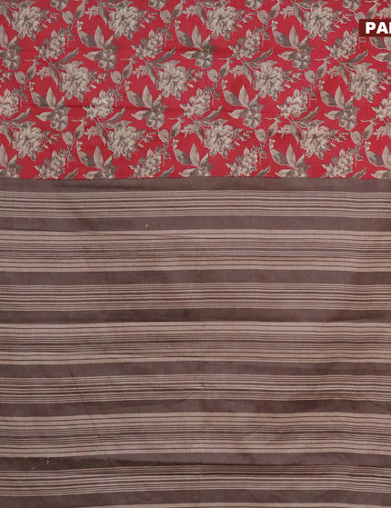 Muslin cotton saree maroon and beige with allover floral prints and small zari woven border