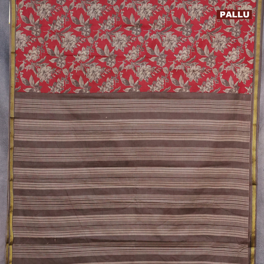 Muslin cotton saree maroon and beige with allover floral prints and small zari woven border