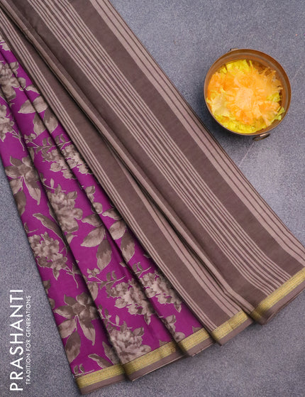 Muslin cotton saree purple and beige with allover floral prints and small zari woven border