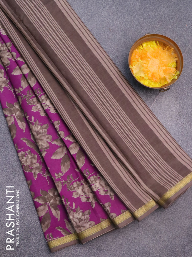 Muslin cotton saree purple and beige with allover floral prints and small zari woven border