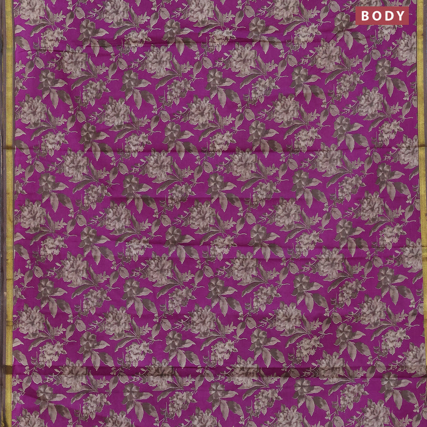 Muslin cotton saree purple and beige with allover floral prints and small zari woven border