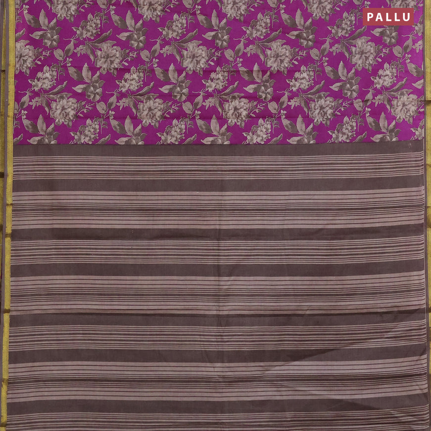 Muslin cotton saree purple and beige with allover floral prints and small zari woven border