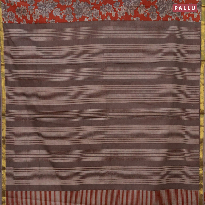 Muslin cotton saree rustic orange and grey with allover floral prints and small zari woven border