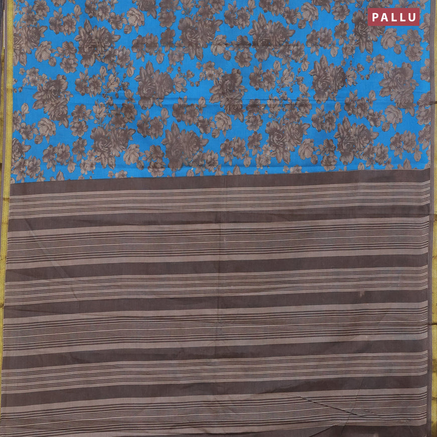 Muslin cotton saree cs blue and grey with allover floral prints and small zari woven border