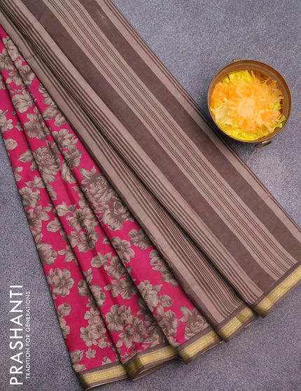 Muslin cotton saree pink and grey with allover floral prints and small zari woven border