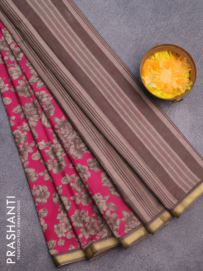 Muslin cotton saree pink and grey with allover floral prints and small zari woven border