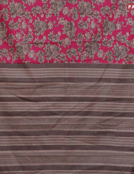 Muslin cotton saree pink and grey with allover floral prints and small zari woven border