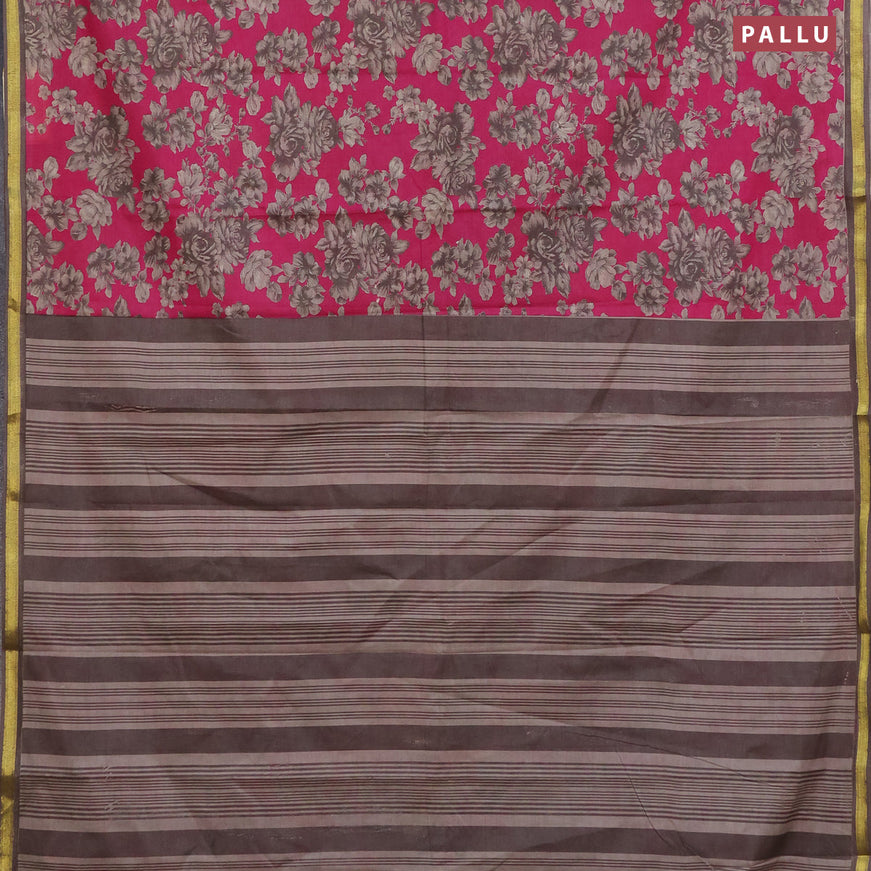 Muslin cotton saree pink and grey with allover floral prints and small zari woven border