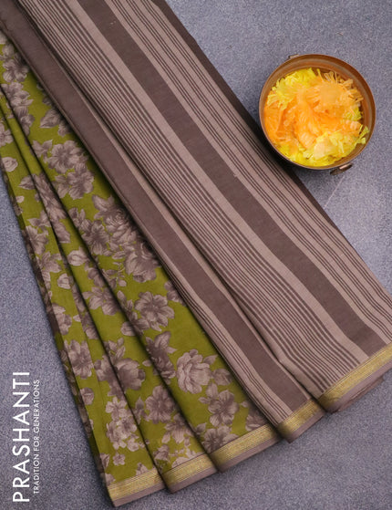 Muslin cotton saree mehendi green and grey with allover floral prints and small zari woven border