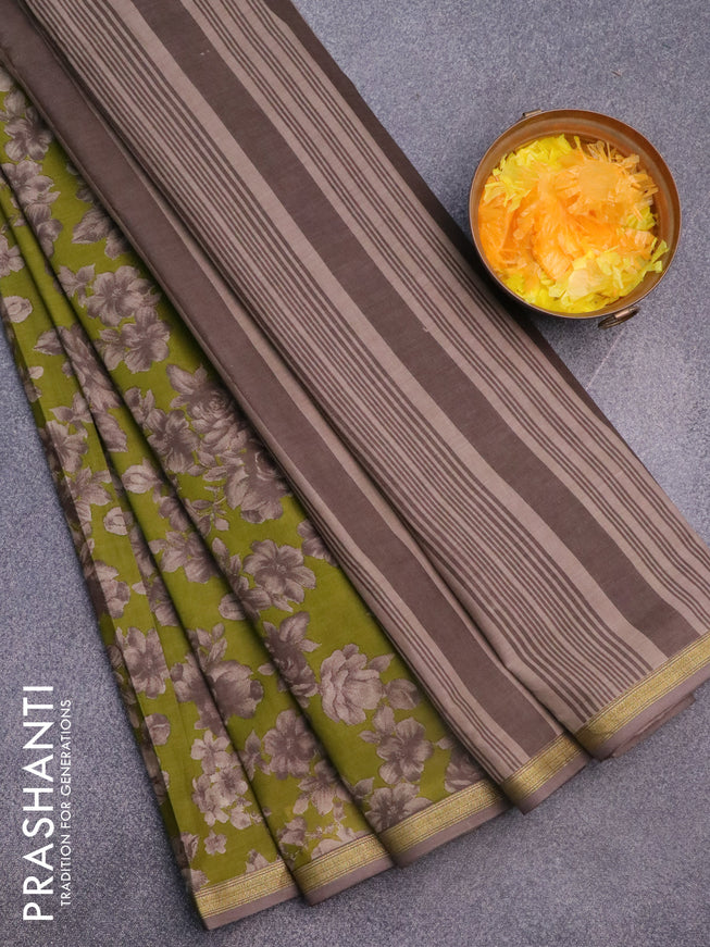 Muslin cotton saree mehendi green and grey with allover floral prints and small zari woven border