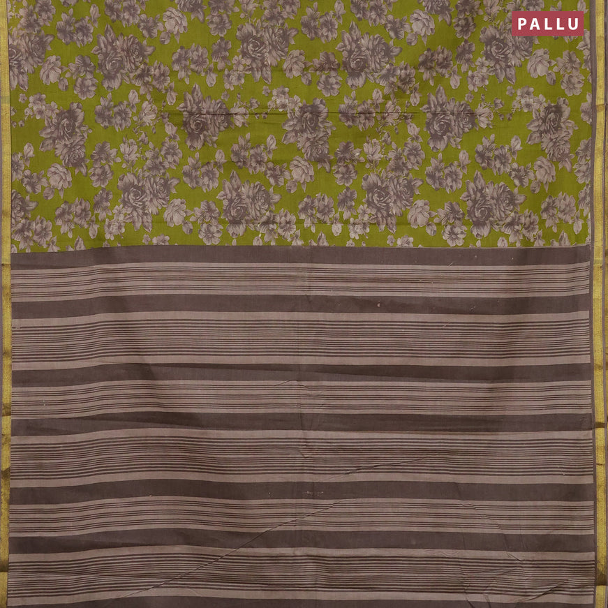 Muslin cotton saree mehendi green and grey with allover floral prints and small zari woven border