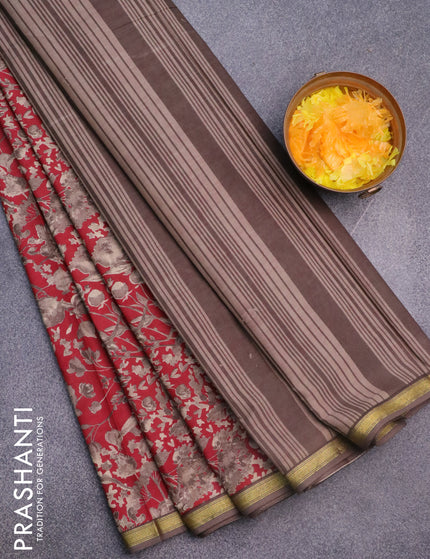 Muslin cotton saree maroon and grey with allover floral prints and small zari woven border