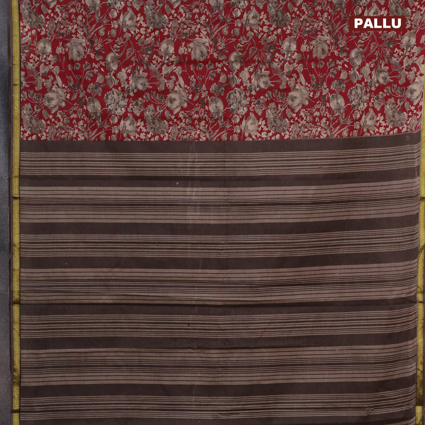 Muslin cotton saree maroon and grey with allover floral prints and small zari woven border