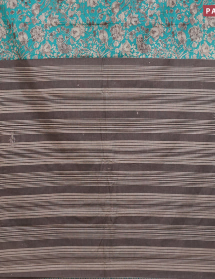 Muslin cotton saree teal green and grey with allover floral prints and small zari woven border