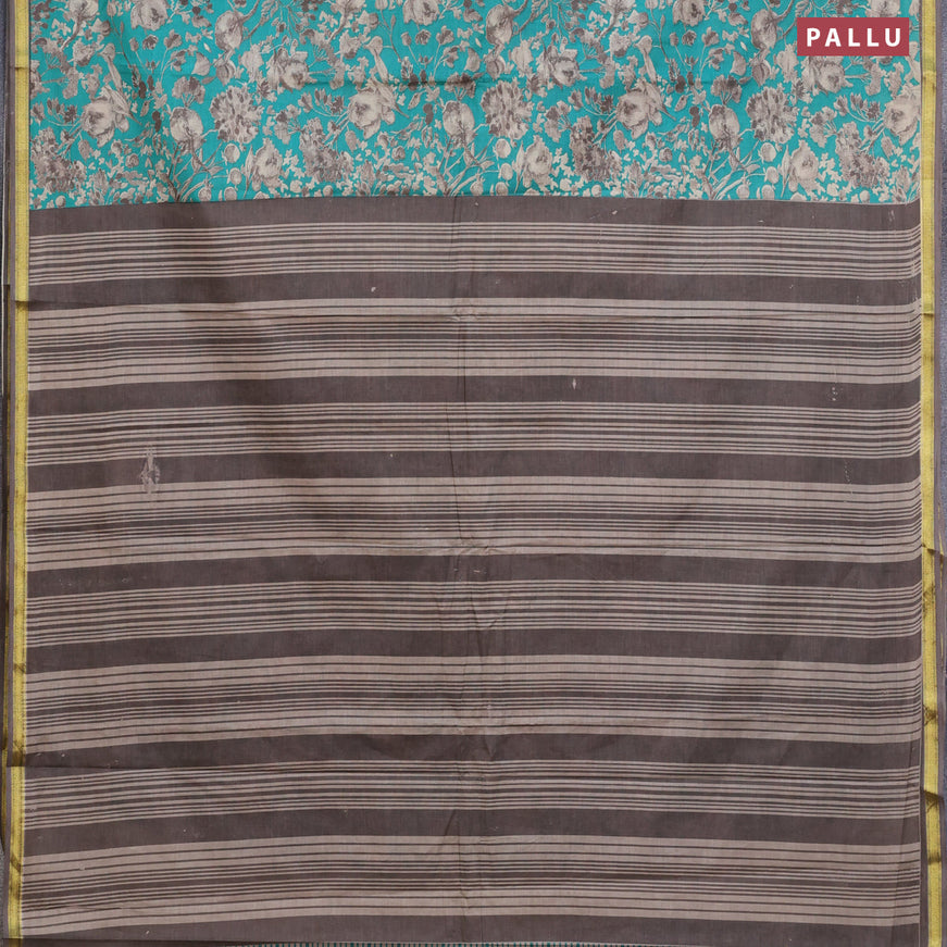 Muslin cotton saree teal green and grey with allover floral prints and small zari woven border