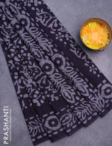 Muslin cotton saree navy blue and grey with allover batik prints and printed border