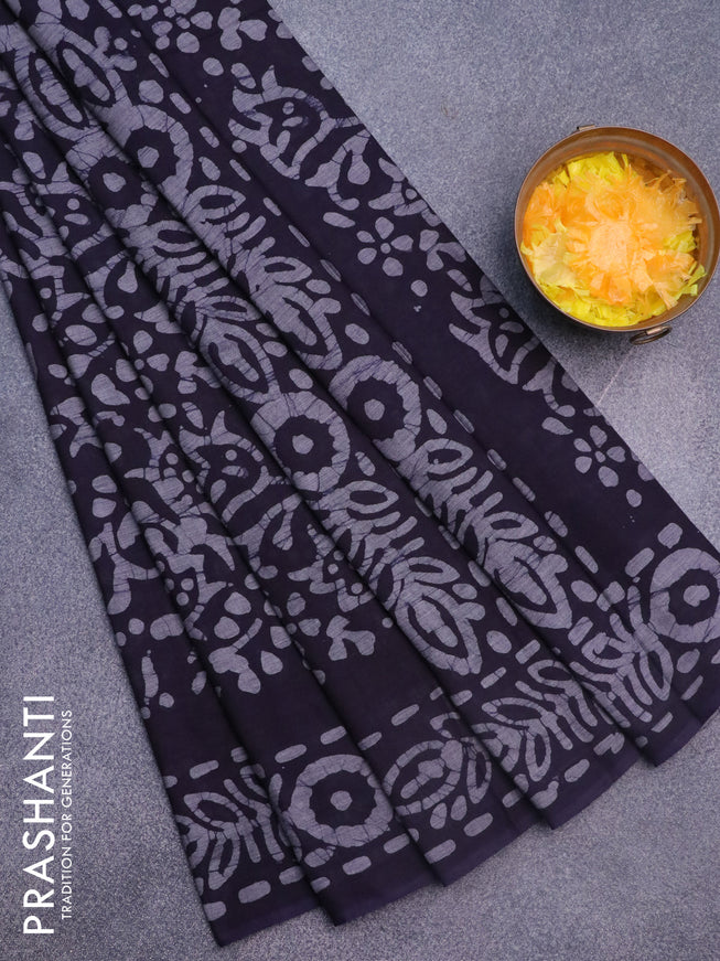 Muslin cotton saree navy blue and grey with allover batik prints and printed border