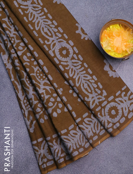 Muslin cotton saree mehendi green and grey with allover batik prints and printed border