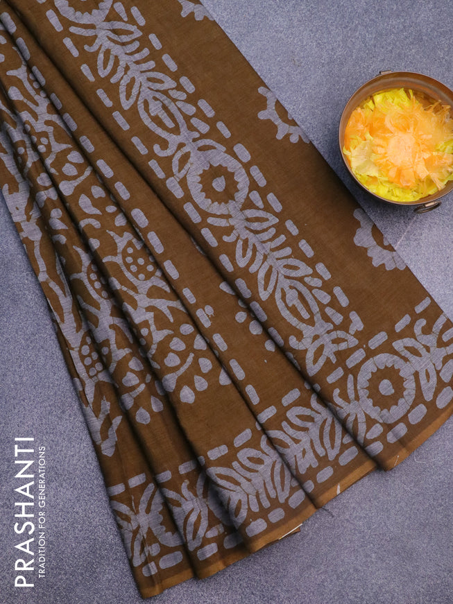 Muslin cotton saree mehendi green and grey with allover batik prints and printed border