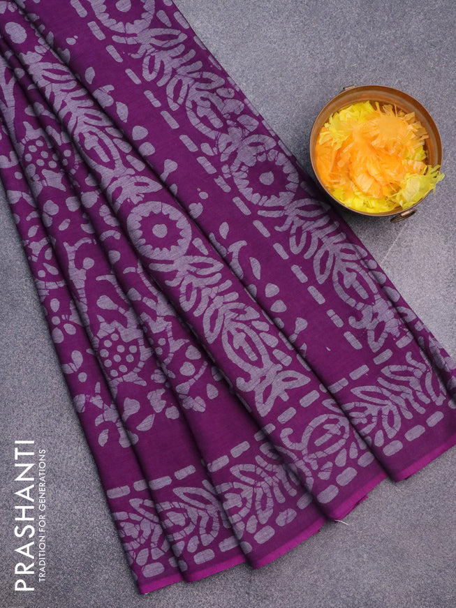 Muslin cotton saree purple and grey with allover batik prints and printed border