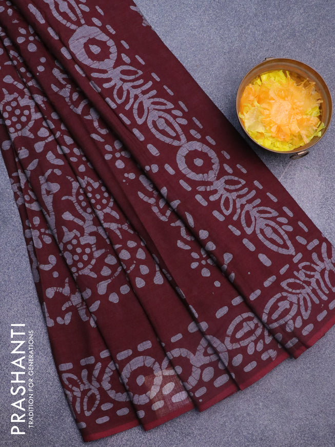 Muslin cotton saree dark maroon and grey with allover batik prints and printed border