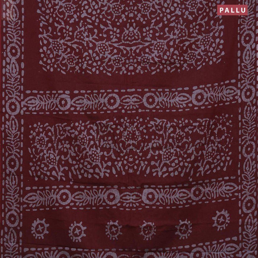 Muslin cotton saree dark maroon and grey with allover batik prints and printed border