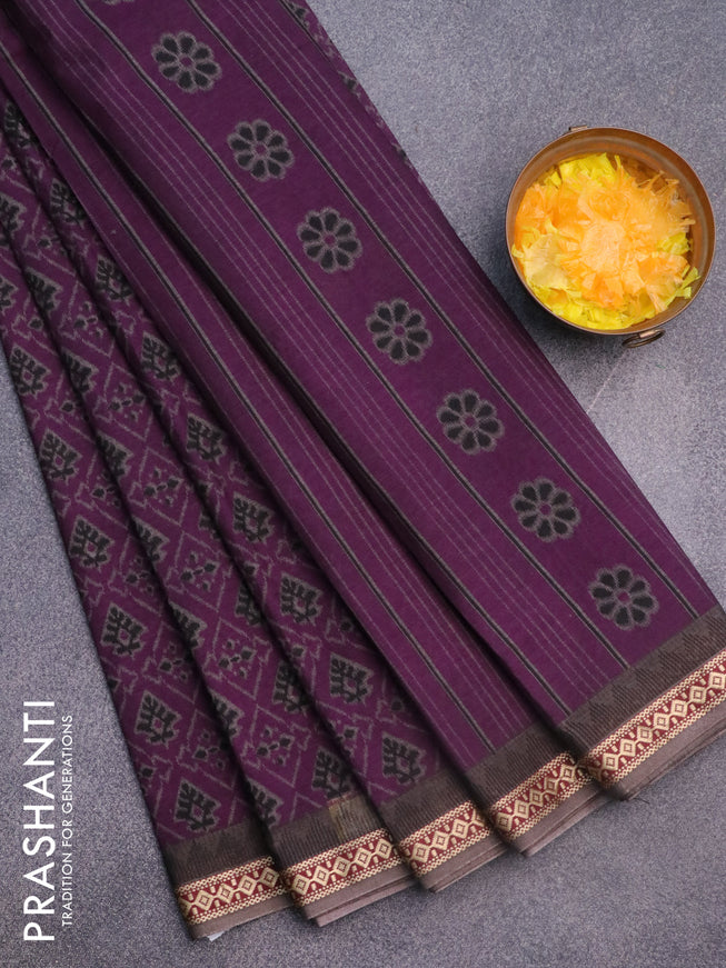 Muslin cotton saree deep purple and grey with allover ikkat prints and thread woven border