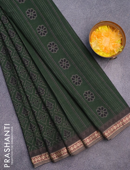 Muslin cotton saree sap green and grey with allover ikkat prints and thread woven border